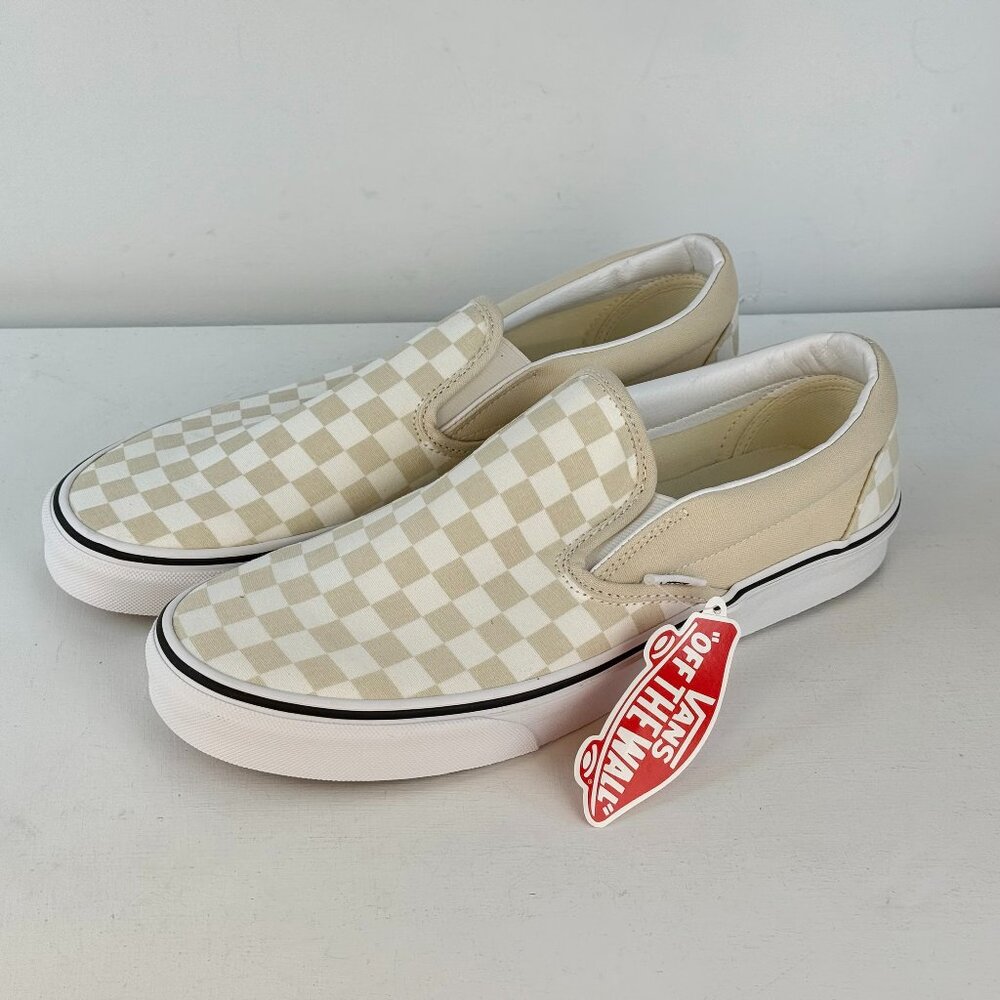 M10.5, W12 - VANS Classic Slip-On Checkerboard Skateboarding Cream Brule Beige